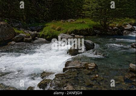 L'eau blanche est formée par une rivière qui coule au-dessus des rochers. Banque D'Images