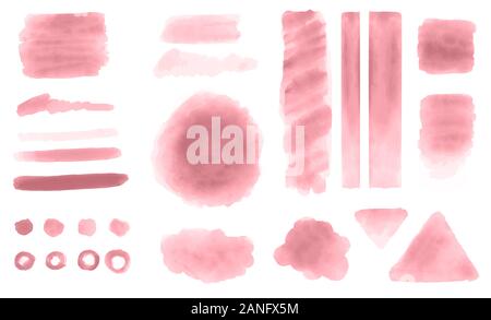 Aquarelle Rose blot, daub, splat, formes, les coups de pinceau pour éléments de design décoratif sur fond blanc. Hand drawn médias sociaux contenu graphique. Banque D'Images