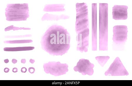 Aquarelle rose set blot, daub, splat, formes, les coups de pinceau pour éléments de design décoratif sur fond blanc. Utiliser les médias sociaux contenu graphique. Banque D'Images