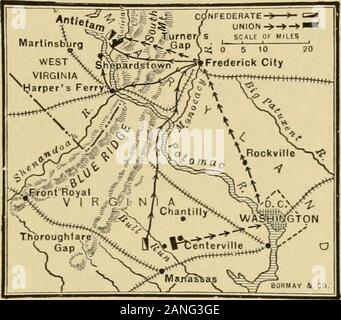 Essentials of United States history . thdrewwith son armée au bord de la James River, où il couldbe appuyée par les canonnières. 366. Déception dans le Nord. - La cam-pagne péninsulaire avait abouti à un échec. Richmond n'avait pas été prise.La déception dans le Nord a été amère. Le Presidentcalled pour une période supplémentaire de trois cent mille hommes, butrecruiting a été lente. Les gens du Nord ont été dés-réconfortés. 367. Campagne de papes. - Le Général John Pope est placedin le commandement d'une armée de cinquante mille ou plus stationedfor la défense de Washington. Hisarmy envoyé lentement autour de McClellan Banque D'Images