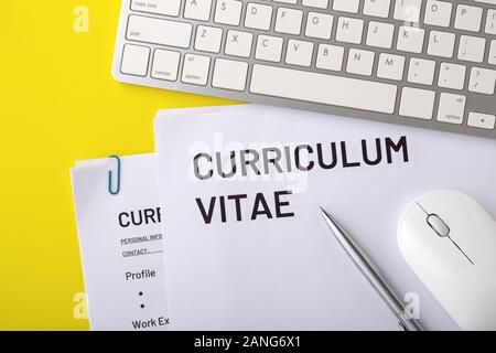 CV, curriculum vitae avec clavier de l'ordinateur, la souris, le stylo sur fond jaune, l'entrevue d'emploi Banque D'Images
