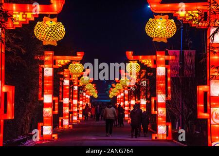 Shanghai, Chine, la province de Shandong. 16 janvier, 2020. Les installations de l'éclairage pendant une lanterne de vœux juste la prochaine fête du printemps, ou le Nouvel An Chinois, dans la ville de Weifang, province de Shandong, Chine orientale, le 16 janvier 2020. Credit : Wang Jilin/Xinhua/Alamy Live News Banque D'Images