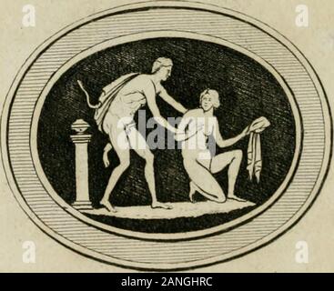 Monumens du culte secret des dames romaines : pour servir de suite aux Monumens de la vie privée des XII Césars . Un ?. N°. VIII. Un Faune & uneBacchante. Gravé en cornaline. JLjA defcription dOvide explique très-bienle fujet de cette gravure : il sagit du bonDieu Priape , ôc dune Nymphe dont il étaitamoureux, mais qui fe refufait à Tes empref-femens. " À ruber hortorum Deus, & tutela Priape y&gt ; ex Omnibus illis Lotide captus erat." Hanc cupit, hanc optât, folam fufpirat in illam, r&gt ; Signaque , follicitatque dat nutu" Faftus ineft notis. fequiturque fuperbia pulchris, formam, Irrifum » v Banque D'Images