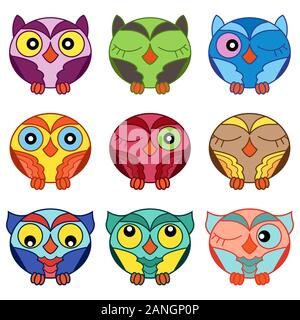 Ensemble de neuf caricature drôle et mignon divers hiboux ovale isolé sur le fond blanc, le scénario décrit comme des icônes Illustration de Vecteur