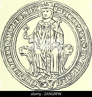 Nouvelle histoire de Lyon et des provinces de Lyonnais, Forez, Beaujolais, Franc-Lyonnais et Dombes . Fig. 461. Fig. 462. MONNAIES DE lÉGLISE DE LYON de la fin du xm- au commencement du xive siècle. En 187g, le découvrit à Bourgoin, dans une cave chez mtm Roy. un vase de terre prise,contenant environ 2000 deniers de Lyon et de Vienne. M. Maigrot, présent à cettedécouverte et à qui nous devons ces renseignements, acquit le vase et la plupart deces pièces ; plus tard les deniers de Lyon lurent recueillis par M. Ucrriaz. qui y remar qua des signes secrets, d'accents ou de points dont nous parlons dans Banque D'Images