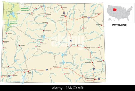 Carte routière de l'État américain du Wyoming nous Illustration de Vecteur