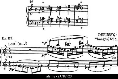 L'harmonie moderne, son explication et l'application . J^- i56 L'HARMONIE MODERNE. DEBUSSY, ^ImageslN ? 1. Utilisé dans une méthode qui suit le système strictement,on ne doit pas considérer ces accords comme requiringProgression j-résolution. Les compositeurs qui adoptent ce système,préfèrent généralement la motion pour harmomc échelle pro-régression, avec une note commune comme lien, si possible. DEBUSSY, Pelleas 3 Banque D'Images