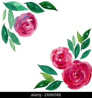 Bordure fleurie rose aquarelle douce en technique humide. Roses rouges, roses, aquarelles - fleurs, feuilles, bourgeons. Carte de vœux à motif fleuri vintage peint à la main, Banque D'Images