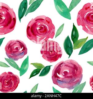 Motif fleuri aquarelle sans coutures. Roses d'aquarelle rouge et rose avec feuilles. Texture fleurie peinte à la main sur fond blanc. Rose abstraite Banque D'Images