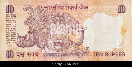 Le rhinocéros et l'éléphant tiger représentées sur les billets de banque Indiens dix roupies. Roupie 10 monnaie nationale de l'Inde INR. Orange money bill close up Banque D'Images