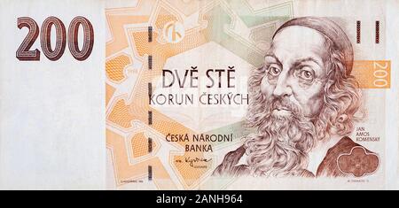 Portrait de Jan Amos Komensky argent tchèque République tchèque 200 Korun bank note. Korun est la monnaie nationale de République tchèque 1998 Banque D'Images