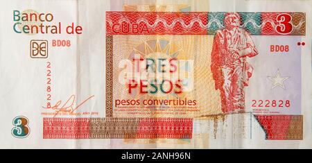 Che sur les billets cubains d'orange trois pesos convertibles année 2016 Banque D'Images