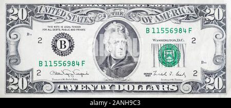 Portrait du président américain Andrew Jackson le billet de 20 dollars macro closeup fragment. United States vingt dollars argent bill close up Banque D'Images