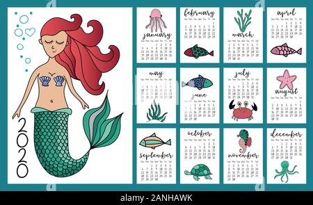 Petite Sirène et de la vie marine pour l'année 2020 du calendrier. Design mignon, version planner de 12 mois avec les poissons. Semaine commence le dimanche. Niveau Illustration de Vecteur