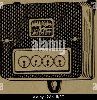 Mécanique du ménage ; un cours d'étude consacrée aux machines et appareils ménagers . est connecté avec therecording mécanisme par une vis qui s'engage avec le premier d'atrain de pignons. Ces rapports, l'un à l'autre, un ratio de 10 à 1 ; c'est, d'une dizaine de tours du pignon de droite, les causes de l'onerotation à côté de la gauche. Les pointeurs sur l'dialare attaché à la couronne. Une rotation de la molette, déplacez le pointeur à côté de la gauche un divisionon le cadran. Chaque cadran de suite se déplace dans comme ratio. Les mètres sont soigneusement cali Banque D'Images