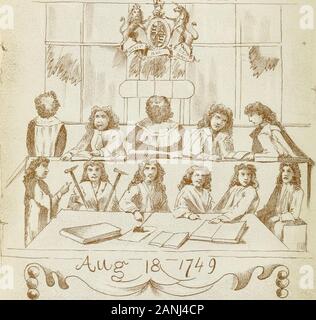 Les essais, l'humour, et des poèmes de Nathaniel Ames, père et fils, de Dedham, Massachusetts, à partir de leur almanacks, 1726-1775 . .) R).^^- v o u ^^KnvtoFi^b se^^ji r. ^ La TAVERNE SIGNE. La VILLE DE DEDHAM. Note 25. La plaque sur la page ci-contre est une copie de l'original par sketchmade Mme Ames pour l'enseigne, le dessin ayant été trouvé recentlyamong ses papiers. Les personnages représentés sur la taverne Signe, commençant à gauche de l'illustration, sont : Benjamin Lynde, nommé Juge 1745 ; nommé Juge en chef 1769 ; mort le 1781. Richard Saltonstall, nommé juge en 1736 et mort en 1756. Paul Dudley, Banque D'Images