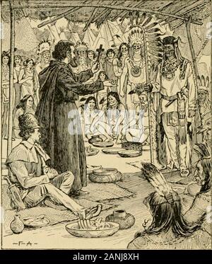 Essentials of United States history . ea de bonheur, beaucoup d'entre eux étaient heureux. Si leur travail était de httle avantage durable pour les Indiens, il a été d'une grande valeur pour la France. Les Jésuites avaient balisé le wayfor le soldat, le trappeur, et le commerçant. Leur tact et connaissance de la nature a gagné le Mans Rouge allegianceof les Indiens, si leur religion n'a pas gagné son cœur. De travail l'un de ces missionnaires. Piquet, a été dit à une valeur qui ontété de deux régiments de soldats. 89. Marquette et Joliet. - Les Indiens qui s'est rendu à thefrontier mission poste de Michillimakinac (Mish-il-i-mack-i-n Banque D'Images