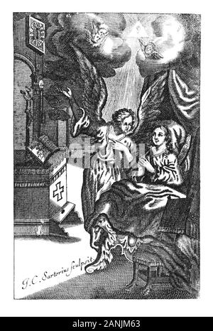 Objets decoratifs gravure religieuse ou un dessin de femme au lit qui se réveille et angel lui rappelle d'aller prier Dieu à l'autel.illustration de livre Die Betrubte und noch in Ihrem Beliebten..., l'Empire autrichien,1716. Artiste J.C.Sartorius. Banque D'Images