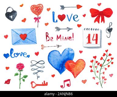 Happy Valentines Day aquarelle doodles isolé sur fond blanc Banque D'Images