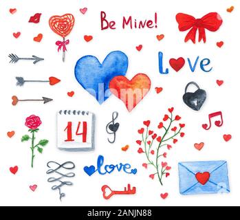 Éléments de doodles aquarelle Happy Valentines Day Banque D'Images