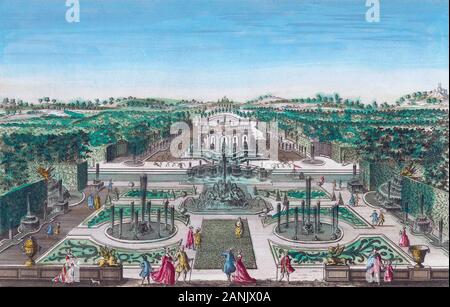 Vue perspective des Fontaines à droite du Jardin de Plaisance du Roy d'Espagne. Vue en perspective des fontaines à droite du jardin d'agrément du roi d'Espagne. Après une main-d'impression couleur 18e siècle. Banque D'Images