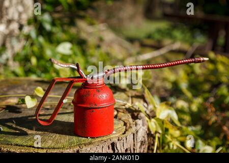 Rouge à l'ancienne huile peut tournées à l'extérieur sur une vieille souche d'arbre, avec le feuillage vert en arrière-plan, sur une journée ensoleillée. Banque D'Images