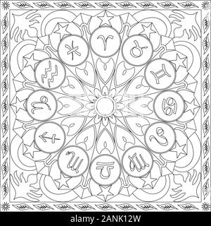 L'illustration de la page de coloriage en format carré - Signes du zodiaque Astrologie - Roue Mandala Icônes - Respirez profondément et détendez-vous et détendez-vous - Noir et Blanc Illustration de Vecteur