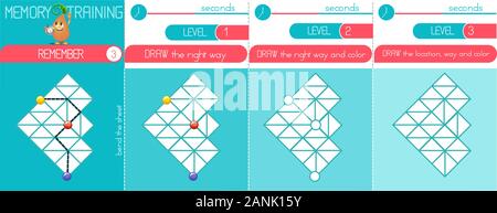 Jeu de mémoire les enfants et adultes. Se souvenir et dessiner la couleur et façon. La formation de la mémoire Illustration de Vecteur