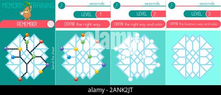 Jeu de mémoire les enfants et adultes. Se souvenir et dessiner la couleur et façon. La formation de la mémoire Illustration de Vecteur