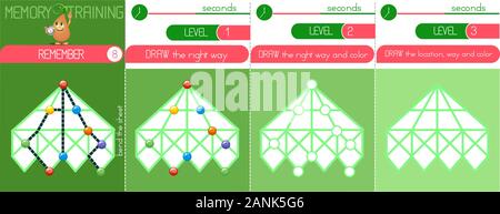 Jeu de mémoire les enfants et adultes. Se souvenir et dessiner la couleur et façon. La formation de la mémoire Illustration de Vecteur
