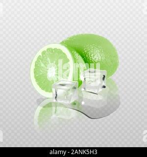3D réaliste de la glace transparente et vecteur de lime cubes. Vector Illustration de Vecteur