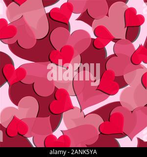 Texture vectorielle des coeurs dans les couleurs rouge et rose de différentes tailles. Illustrations de la Saint-Valentin, thèmes romantiques. Application dans les documents imprimés, Banque D'Images