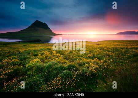 Volcan Kirkjufell soirée de la côte de la péninsule de Snæfellsnes. Emplacement Placez Kirkjufellsfoss, l'Islande, l'Europe. Paysage islandais typique. Splendide Banque D'Images