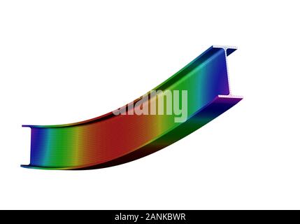 Un simple i-Beam pris en charge. Vue tridimensionnelle de la déformation du maillage et tracé des déflexions à partir de l'analyse par éléments finis sur le fond blanc Banque D'Images
