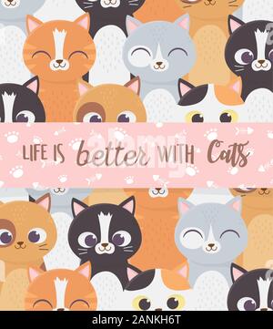 La vie est meilleure avec les chats inscription banner paws cartoon vector illustration Illustration de Vecteur