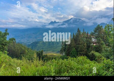 Belle vue des terrasses de riz de montagne et dans les nuages. Cat Cat, village touristique populaire destination de trekking. Banque D'Images