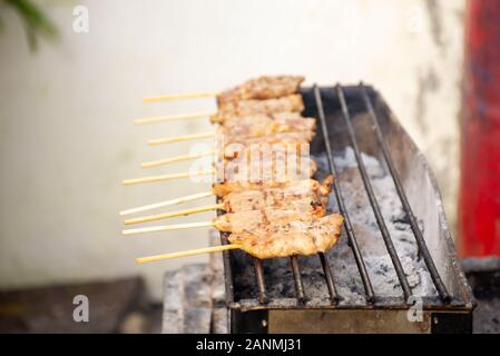 Porc mariné grillé avec la sauce et les petites brochettes sur la grille en acier avec la chaleur. Banque D'Images