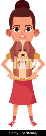 Cartoon girl holding un joli chien Illustration de Vecteur