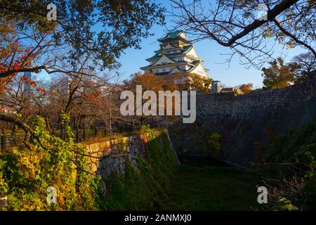 Paysage du château d'Osaka en automne, long Shot, vue sur le niveau des yeux Banque D'Images