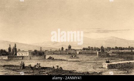 Vue panoramique générale de Shiraz, une ville située au sud-ouest de l'Iran, capitale de la province de Fars. L'Iran. Ancien gravé en acier ancien. Publié Banque D'Images