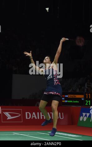 Jakarta, Indonésie. 18 janvier, 2020. Carolina Marin d'Espagne fait concurrence au cours de la demi-finale dames entre Il Bingjiao de Chine et Carolina marin de l'Espagne à l'Indonésie Masters 2020 tournoi de badminton à Jakarta, Indonésie, le 18 janvier 2020. Credit : Zulkarnain/Xinhua/Alamy Live News Banque D'Images