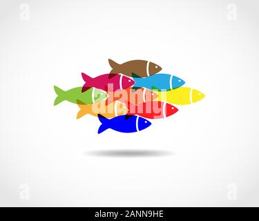 Poissons colorés nageant ensemble - concept de l'unité. Un petit troupeau de poissons - modèle plat. L'icône poisson plat - vector illustration. Illustration de Vecteur