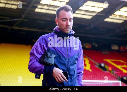 Tottenham Hotspur's Christian Eriksen arrive en avance sur la Premier League match à Vicarage Road, London. Banque D'Images