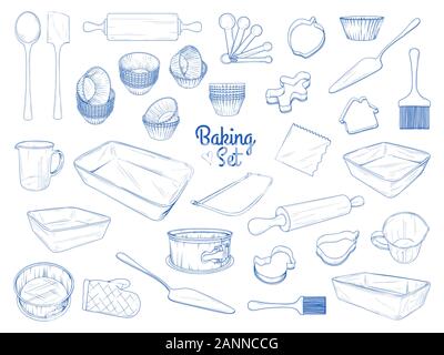 Ensemble de plats pour la cuisson. Trucs de cuisson. Vector illustration au croquis style. Illustration de Vecteur