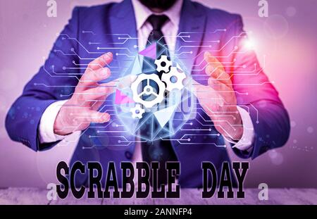 Texte de l'écriture manuscrite Scrabble jour. Photo conceptuelle une journée pour célébrer la populaire jeu créé en 1938 les droits de l'homme de porter un costume de travail officiel présentant Banque D'Images