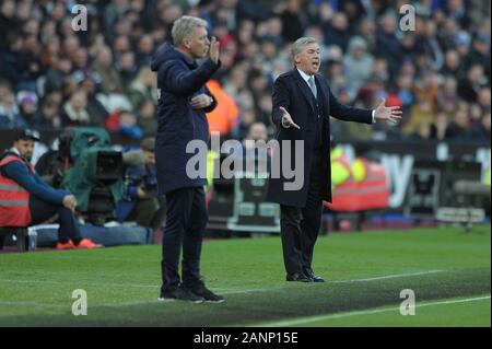 Stade de Londres, Londres, Royaume-Uni. 18 janvier 2020. Carlo Ancelotti Manager d'Everton lors de la West Ham vs Everton, Premier League match au stade de Londres 18 Janvier 2020-USAGE ÉDITORIAL SEULEMENT Aucune utilisation non autorisée avec l'audio, vidéo, données, listes de luminaire (en dehors de l'UE), club ou la Ligue de logos ou services 'live'. En ligne De-match utilisation limitée à 45 images ( +15 en temps supplémentaire). Aucune utilisation d'émuler des images en mouvement. Aucune utilisation de pari, de jeux ou d'un club ou la ligue/dvd publications/services- Crédit : Martin Dalton/Alamy Live News Banque D'Images