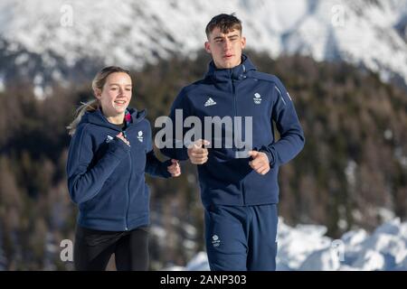 Team GB bobsleigh, William Scammell (17) avec Charlotte Longden (17) lors de la session de formation en monobob aux Jeux Olympiques de la Jeunesse de Lausanne 2020. Banque D'Images