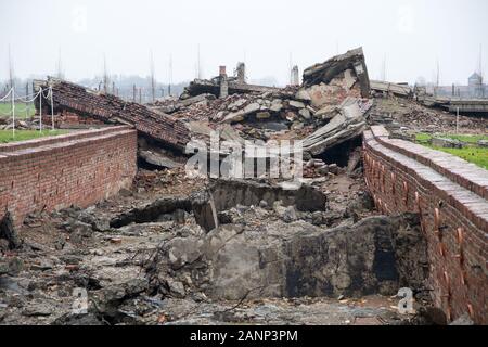 Ruines de la chambre à gaz et four crématoire III en allemand nazi Konzentrationslager Auschwitz II Birkenau (Auschwitz II Birkenau camp d'extermination nazi) en G Banque D'Images