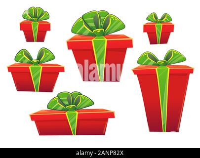 Ensemble de boîtes cadeau rouge vif avec des arcs et des rubans de taille différente . vector illustration isolated on white Illustration de Vecteur