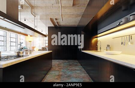 Loft moderne cuisine intérieur.le rendu 3D concept design Banque D'Images